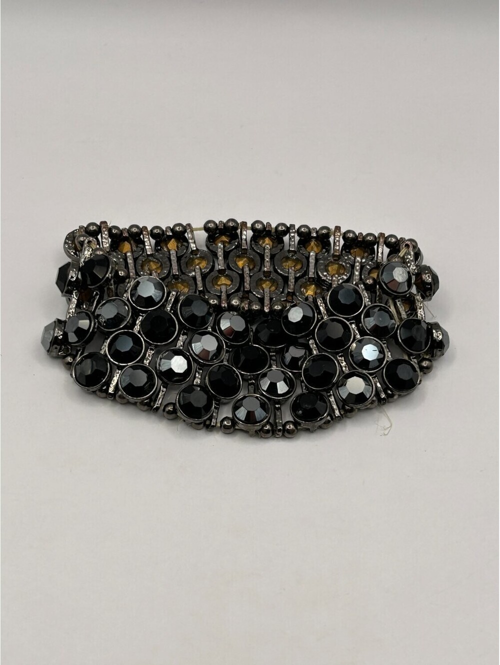 Black Rhinestone Stretch Cuff Bracelet Gunmetal Hematite Multi Row Statement